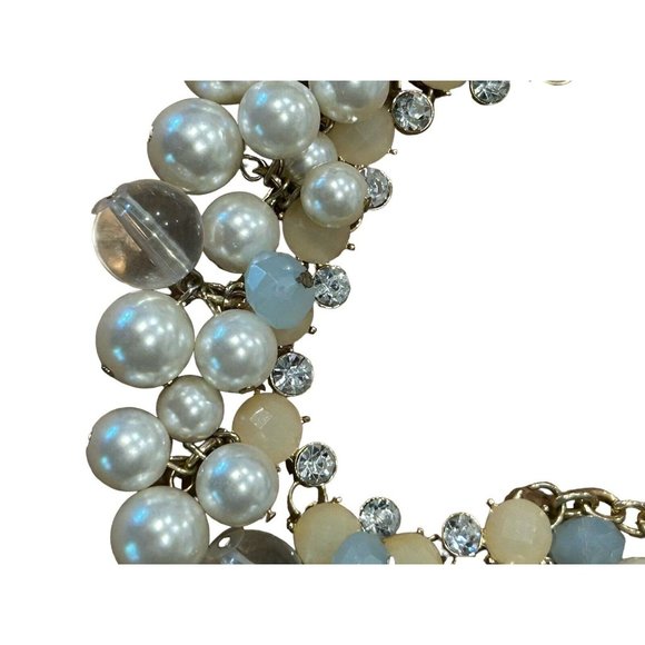 FAUX PEARL STATEMENT BUBBLE NECKLACE, GOLD TONE, IVORY Clear Blue White 23” - Picture 3 of 9
